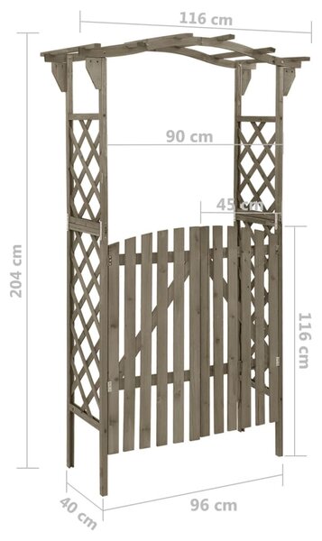 Szürke tömör fenyőfa pergola kapuval 116 x 40 x 204 cm