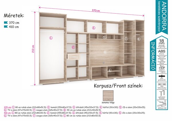 Andorra keretléces szekrénysor (Méret: 370 cm)