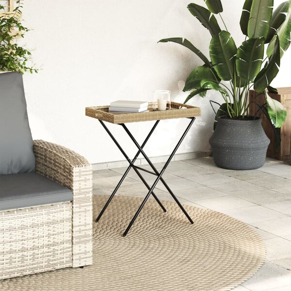 Bézs összecsukható polyrattan tálcaasztal 65 x 40 x 75 cm