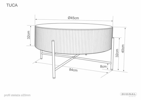 Tuca dohányzóasztal MDF tölgy furnér fekete fém vázzal bordázott dizájnnal