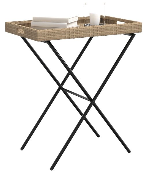 Bézs összecsukható polyrattan tálcaasztal 65 x 40 x 75 cm