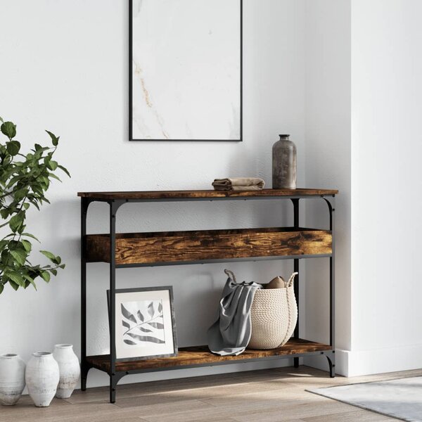 Füstös tölgy színű szerelt fa tálalóasztal polccal 100x29x75 cm