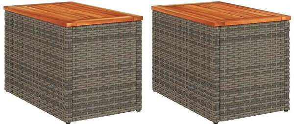 2 db szürke polyrattan és tömör fa kerti kisasztal 55x34x37 cm