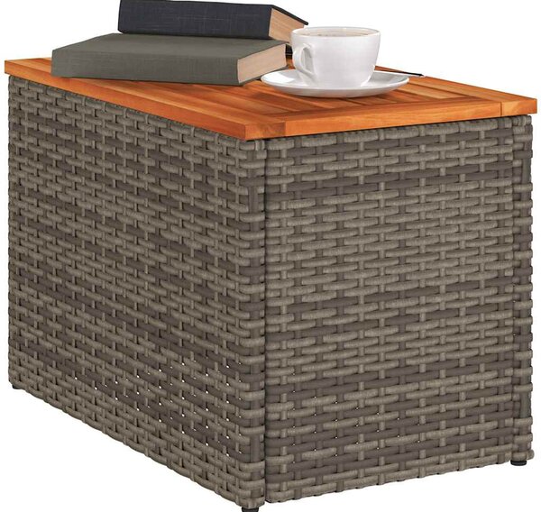 2 db szürke polyrattan és tömör fa kerti kisasztal 55x34x37 cm