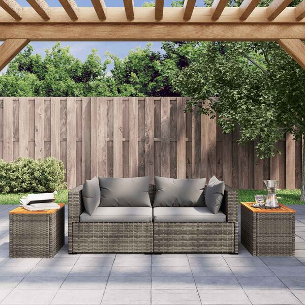 2 db szürke polyrattan és tömör fa kerti kisasztal 55x34x37 cm