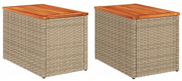 2 db bézs polyrattan és tömör fa kerti kisasztal 55x34x37 cm