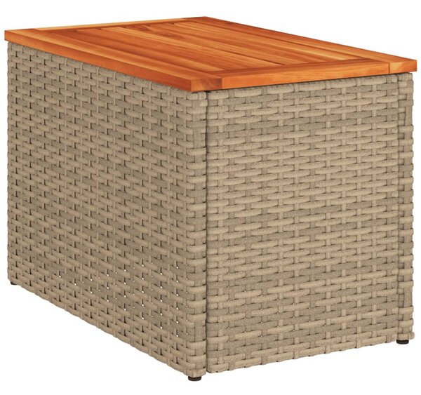 2 db bézs polyrattan és tömör fa kerti kisasztal 55x34x37 cm