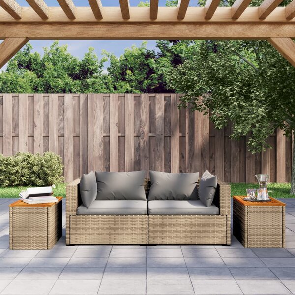 2 db bézs polyrattan és tömör fa kerti kisasztal 55x34x37 cm