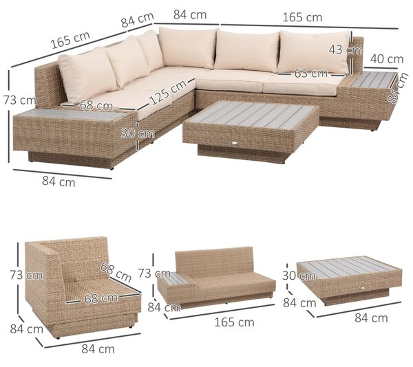 Outsunny kültéri bútor szett 4 darabos luxus polyrattan, polcokkal, lerakóasztallal és ülőpárnákkal, barna