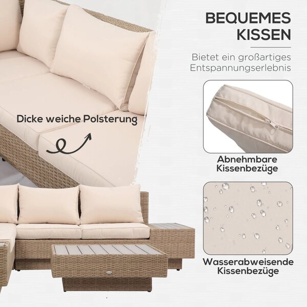 Outsunny kültéri bútor szett 4 darabos luxus polyrattan, polcokkal, lerakóasztallal és ülőpárnákkal, barna