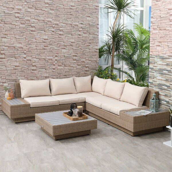 Outsunny kültéri bútor szett 4 darabos luxus polyrattan, polcokkal, lerakóasztallal és ülőpárnákkal, barna