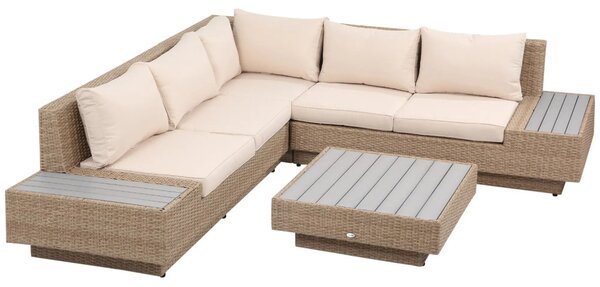 Outsunny kültéri bútor szett 4 darabos luxus polyrattan, polcokkal, lerakóasztallal és ülőpárnákkal, barna