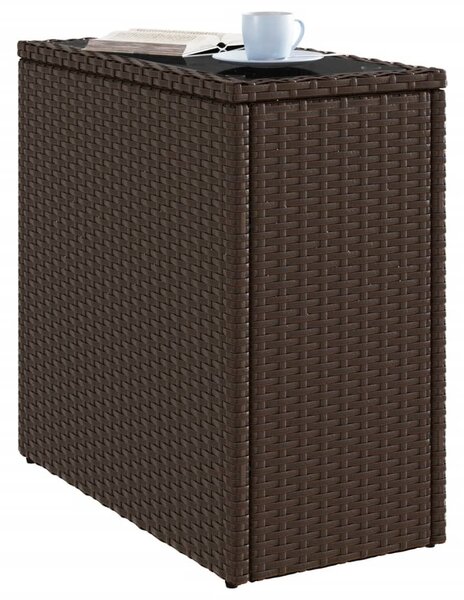 Barna polyrattan kerti kisasztal üveg lappal 58 x 27,5 x 55 cm