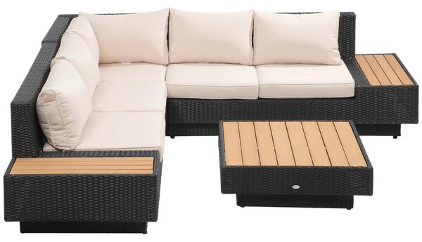 Outsunny Kerti bútor szett, 4 darabos luxus polyrattan, polcokkal, lerakóasztallal és ülőpárnákkal, fekete