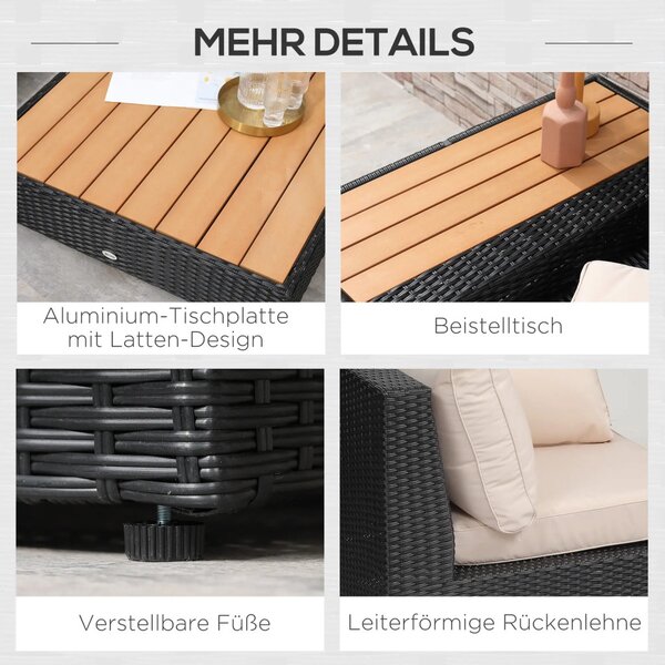 Outsunny Kerti bútor szett, 4 darabos luxus polyrattan, polcokkal, lerakóasztallal és ülőpárnákkal, fekete