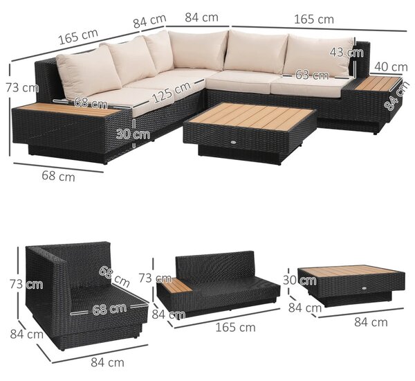 Outsunny Kerti bútor szett, 4 darabos luxus polyrattan, polcokkal, lerakóasztallal és ülőpárnákkal, fekete