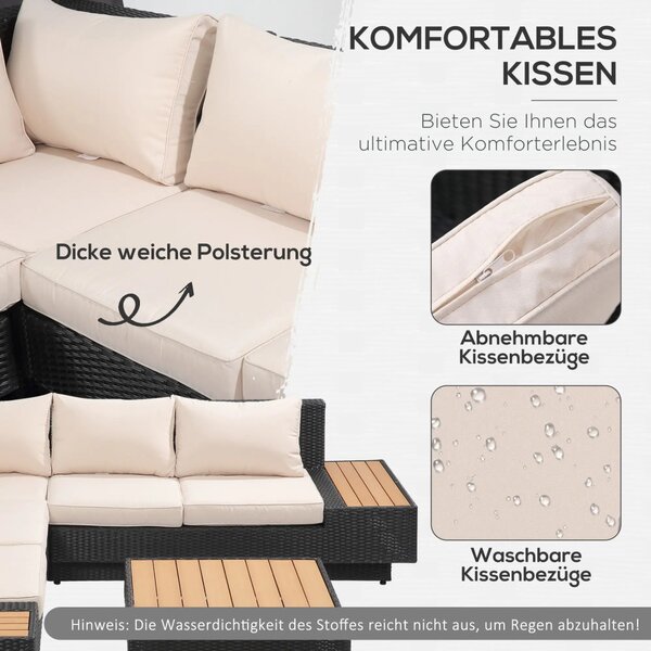 Outsunny Kerti bútor szett, 4 darabos luxus polyrattan, polcokkal, lerakóasztallal és ülőpárnákkal, fekete