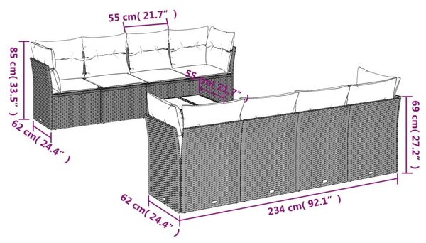 9 részes szürke polyrattan kerti ülőgarnitúra párnákkal