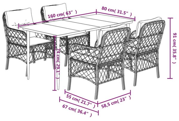 5 részes vegyes bézs polyrattan kerti étkezőgarnitúra párnákkal