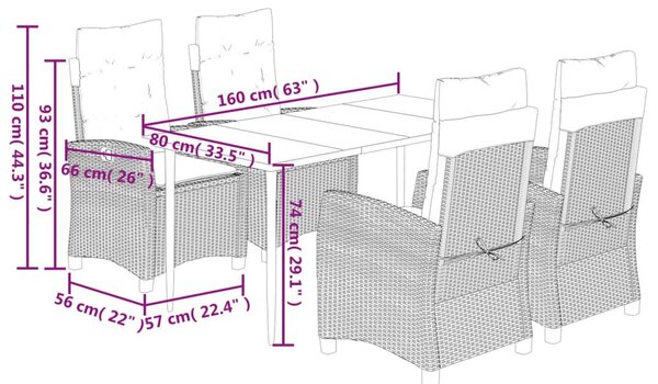 5részes világosszürke polyrattan kerti étkezőgarnitúra párnával