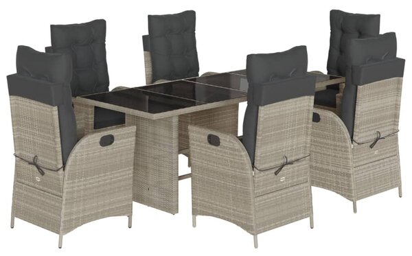 7 részes világosszürke polyrattan kerti étkezőszett párnával