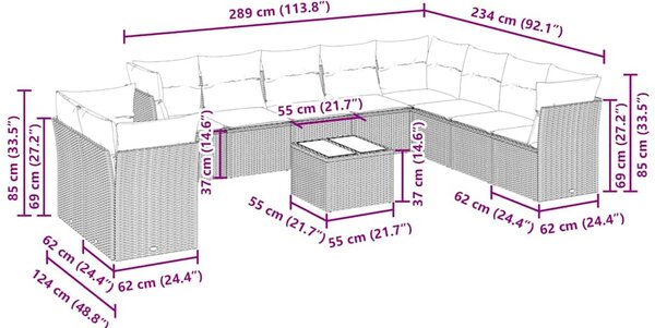 11 részes világosszürke polyrattan kerti ülőgarnitúra párnákkal