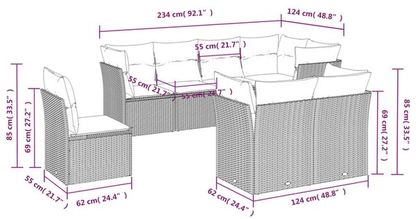 8 részes világosszürke polyrattan kerti ülőgarnitúra párnával