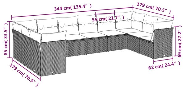 10 részes világosszürke polyrattan kerti ülőgarnitúra párnákkal