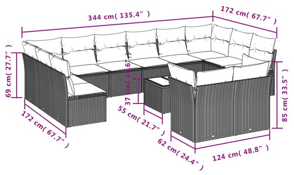 13 részes fekete polyrattan kerti ülőgarnitúra párnákkal