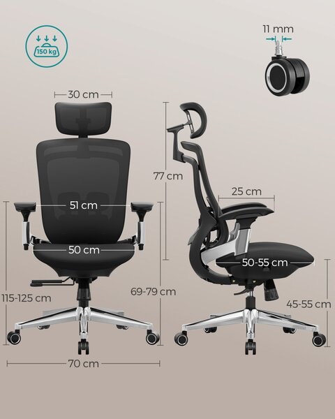 Irodai szék Songmics, fekete, 69.5x63x115-125 cm