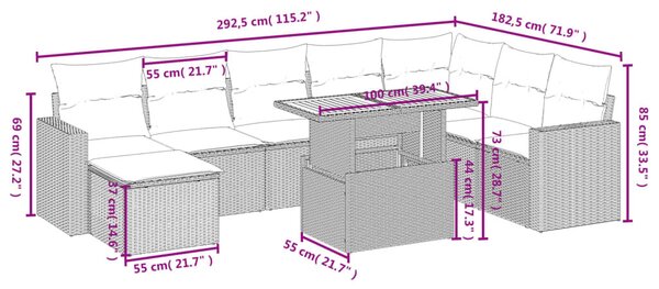 9 részes bézs polyrattan kerti ülőgarnitúra párnákkal