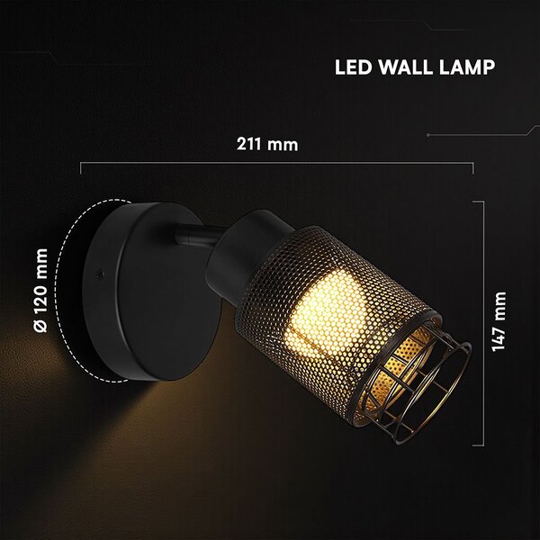 V-TAC fali dekoratív 6W LED lámpatest, meleg fehér, fekete - SKU 24122