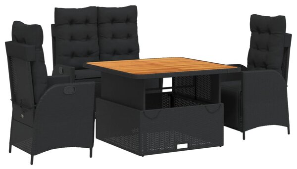 4 részes fekete polyrattan kerti étkezőszett párnákkal