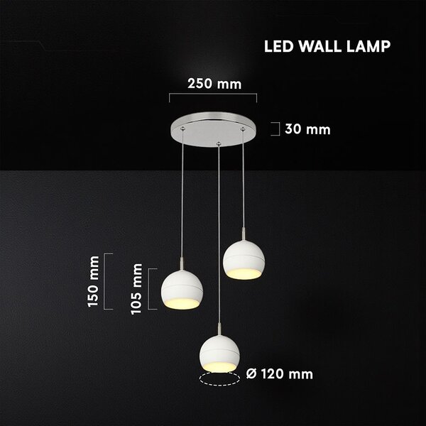 V-TAC mennyezeti dekoratív kerek 3x10W LED lámpatest, kerámia és fém, meleg fehér, fehér - SKU 24129