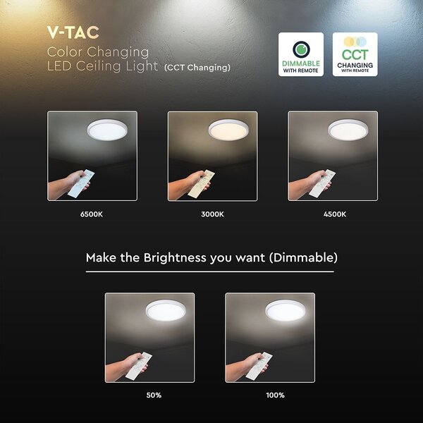 V-TAC mennyezeti vékony fehér 36W LED lámpa, CCT, távirányítóval - SKU 24139