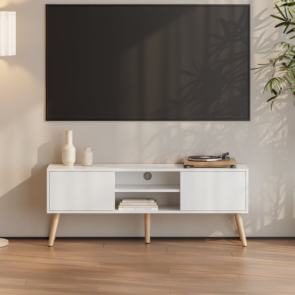 TV-állvány Eskilstuna 120x29,5x46,5 cm forgácslap tömör fa lábakkal fehér [en.casa]