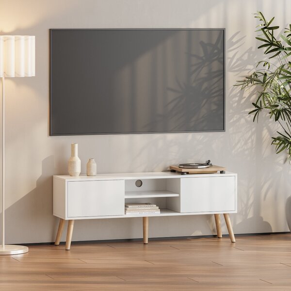 TV-állvány Eskilstuna 120x29,5x46,5 cm forgácslap tömör fa lábakkal fehér [en.casa]