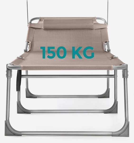 SONGMICS Összecsukható napozóágy napellenzővel és fejtámlával, 4 pozícióban állítható háttámlával, max. 150 kg, 200x71x38 cm, taupe színben
