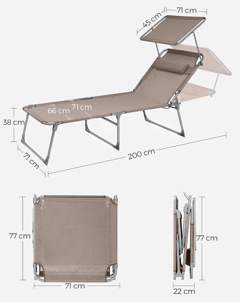 SONGMICS Összecsukható napozóágy napellenzővel és fejtámlával, 4 pozícióban állítható háttámlával, max. 150 kg, 200x71x38 cm, taupe színben