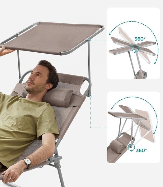 SONGMICS Összecsukható napozóágy napellenzővel és fejtámlával, 4 pozícióban állítható háttámlával, max. 150 kg, 200x71x38 cm, taupe színben