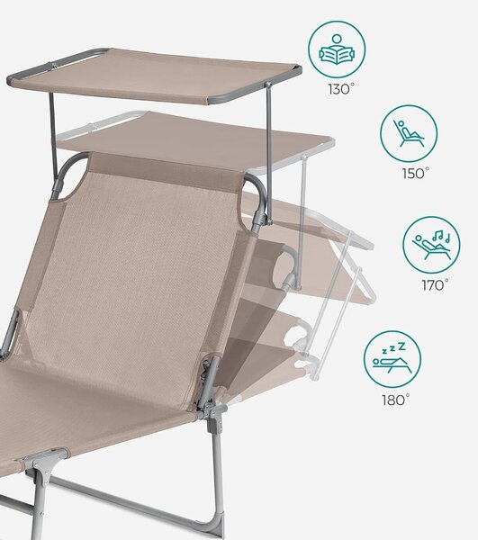 SONGMICS Összecsukható napozóágy napellenzővel és fejtámlával, 4 pozícióban állítható háttámlával, max. 150 kg, 200x71x38 cm, taupe színben