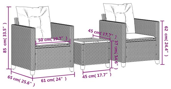 3 részes fekete polyrattan és akácfa bisztrószett párnákkal
