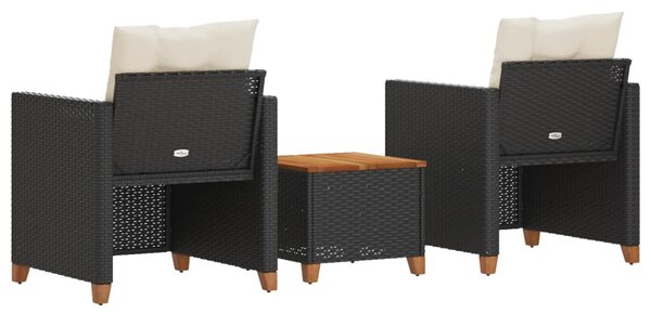 3 részes fekete polyrattan és akácfa bisztrószett párnákkal