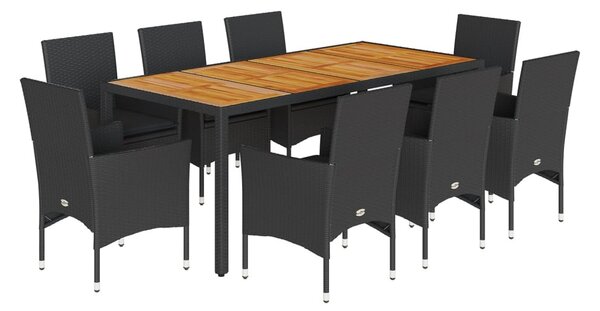 9részes fekete polyrattan/akácfa kerti étkezőgarnitúra párnákkal