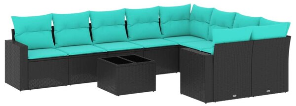 10 részes fekete polyrattan kerti ülőgarnitúra párnával