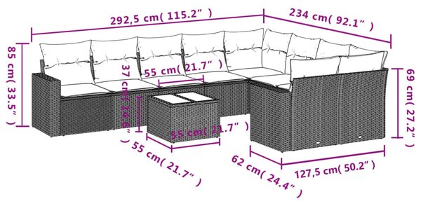 10 részes világosszürke polyrattan kerti ülőgarnitúra párnákkal
