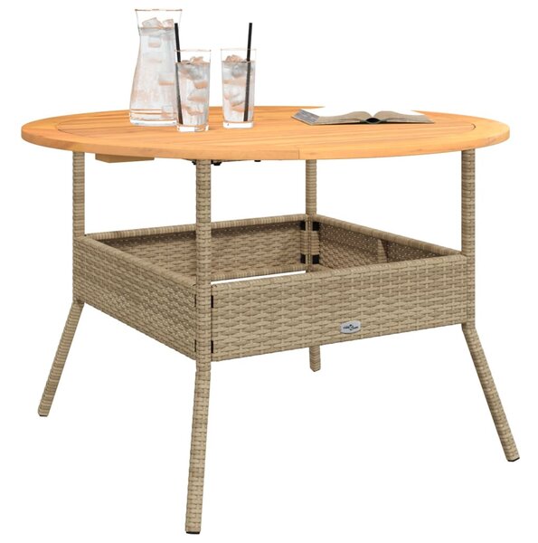 Bézs polyrattan kerti asztal akácfa lappal Ø110 x 71 cm