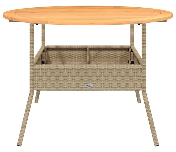 Bézs polyrattan kerti asztal akácfa lappal Ø110 x 71 cm