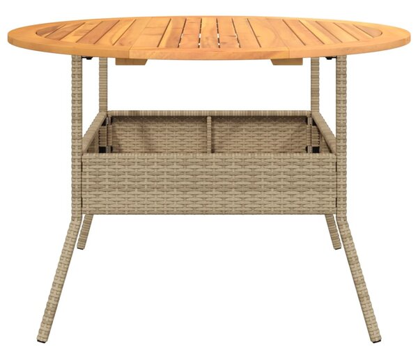 Bézs polyrattan kerti asztal akácfa lappal Ø110 x 71 cm