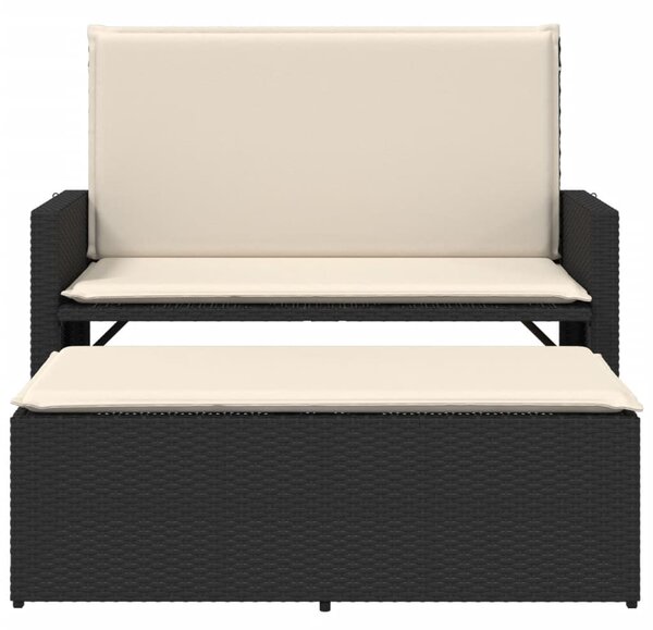 Fekete polyrattan kerti pad párnákkal és lábtartóval